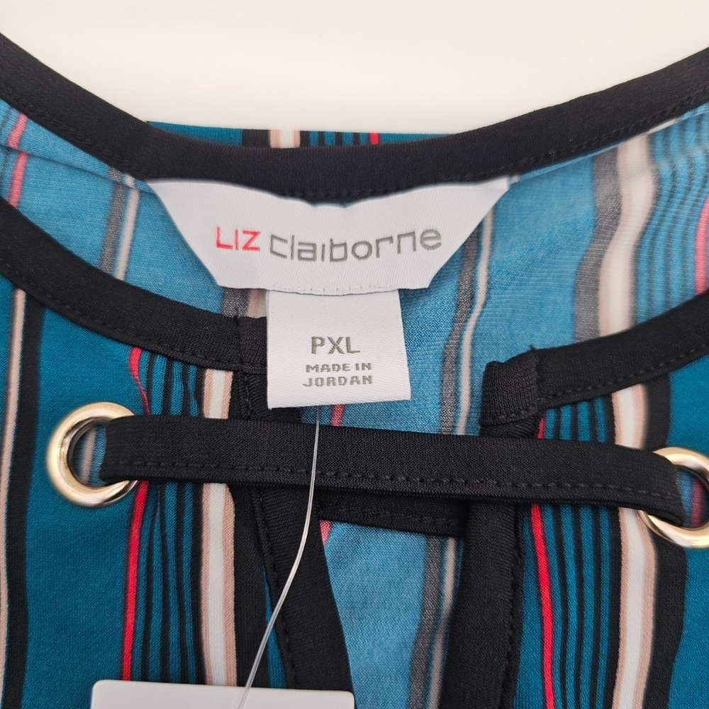 NWT LIZ CLAIBORNE Petite XL Blouse Shirt Top Multi Color Stripe Stretchy V-Neck - Picture 2 of 4